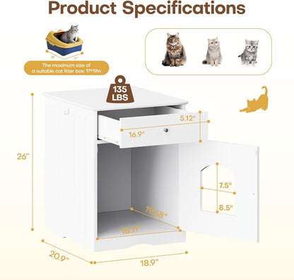 Litter Box Enclosure, Hidden Cat Litter Box Cabinet with Drawer, Wooden Pet Crate, Litter Box Furniture as Cat House, End Table, Fit Most of Litter Box (White)