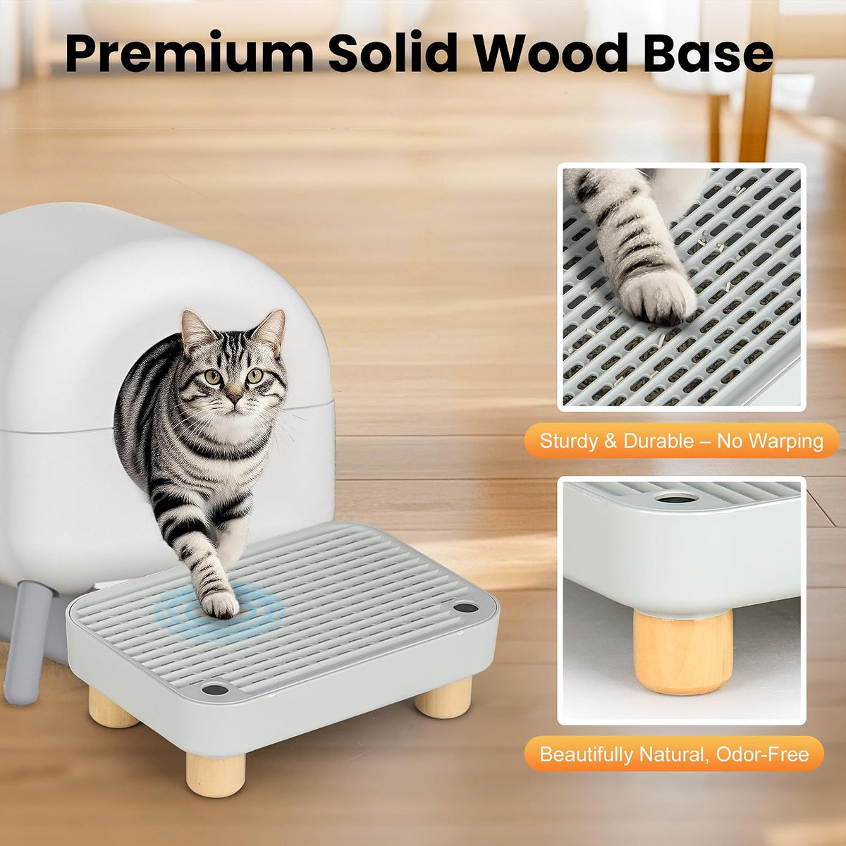 Litter Box Step, Litter Box Ramp/Catcher with Wooden Base, Anti-Tracking & Easy to Clean, Ideal for Small & Elderly Cats 11.8"X7.9"X3.6" (Gray)