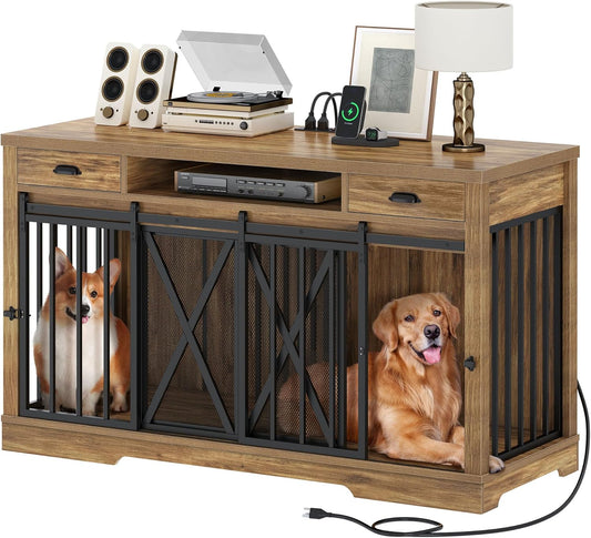 63" Double Dog Crate Furniture for 2 Dogs with Charging Station