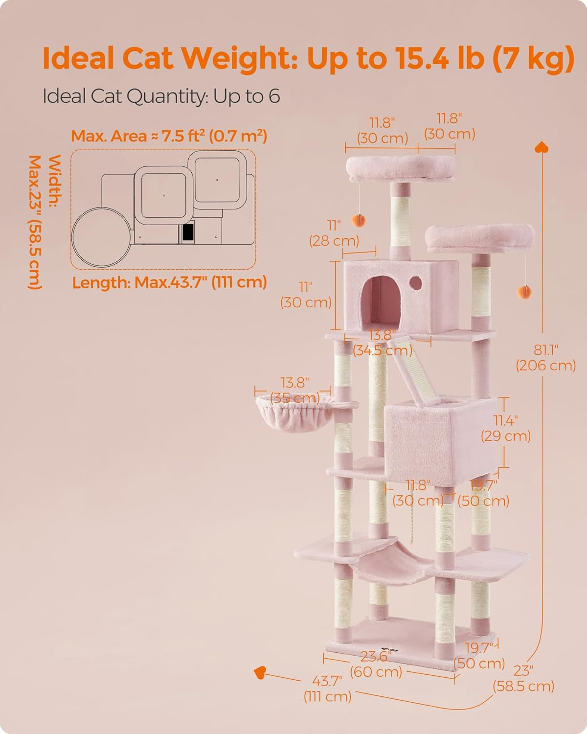 Cat Tree, 81.1-Inch Large Cat Tower, Multi-Level Condo, Jelly Pink