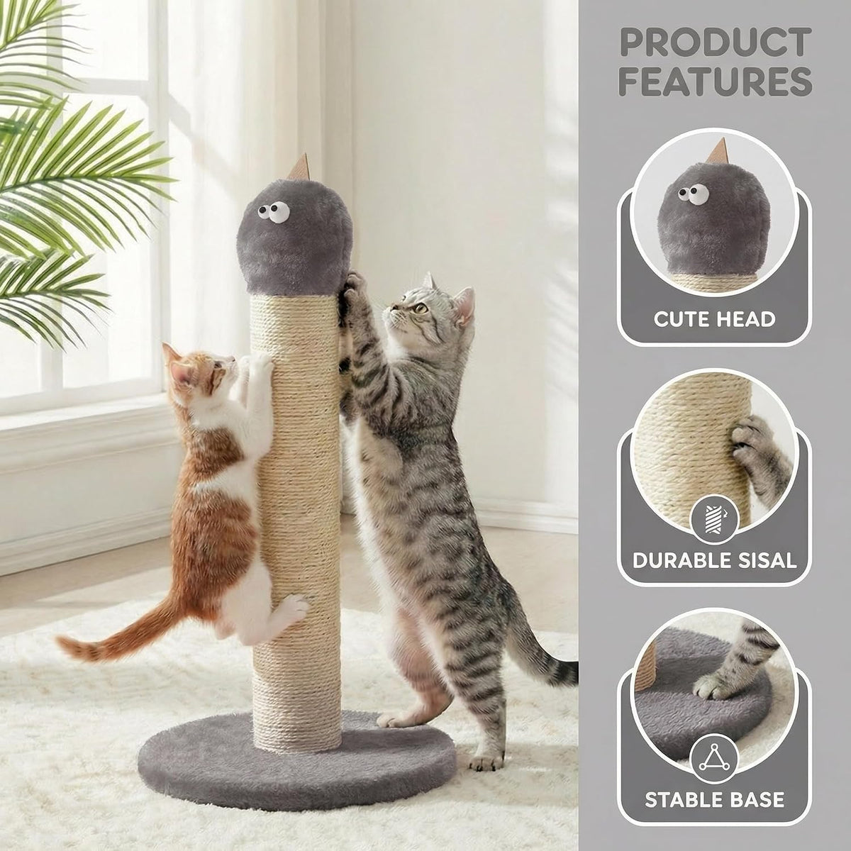 Cat Scratching Post 22'', Scratching Post with Extra Wide 12" Heavy Duty Base for Indoor Kitty, Scratching Post with Natural Sisal & Velvet Fabric for Small, Medium Cat, Grey