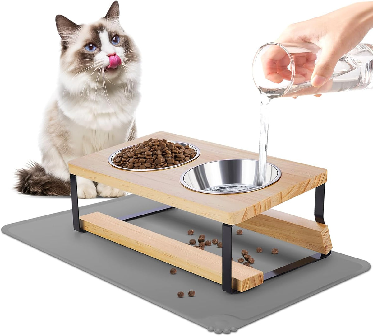 Elevated Cat Bowls with Food Mat, 15° Tilted anti Vomiting Raised Cat Feeder for Indoor Cats and Puppy, 2 Stainless Steel Bowls for Food and Water