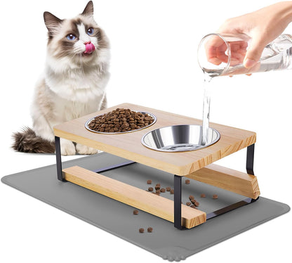 Elevated Cat Bowls with Food Mat, 15° Tilted anti Vomiting Raised Cat Feeder for Indoor Cats and Puppy, 2 Stainless Steel Bowls for Food and Water