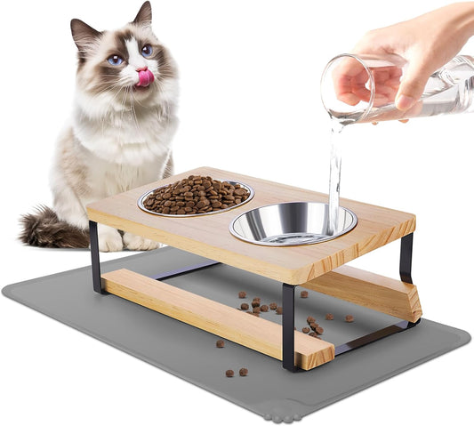 Elevated Cat Bowls with Food Mat, 15° Tilted anti Vomiting Raised Cat Feeder for Indoor Cats and Puppy, 2 Stainless Steel Bowls for Food and Water