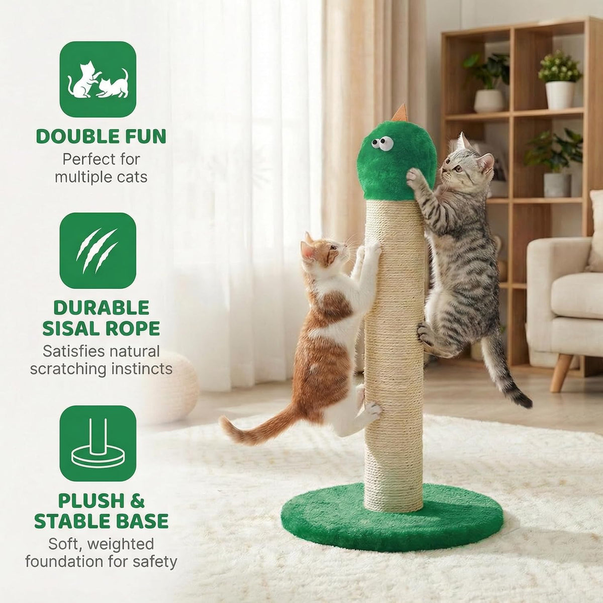 Cat Scratching Post 22'', Scratching Post with Extra Wide 12" Heavy Duty Base for Indoor Kitty, Scratching Post with Natural Sisal & Velvet Fabric for Small, Medium Cat, Green