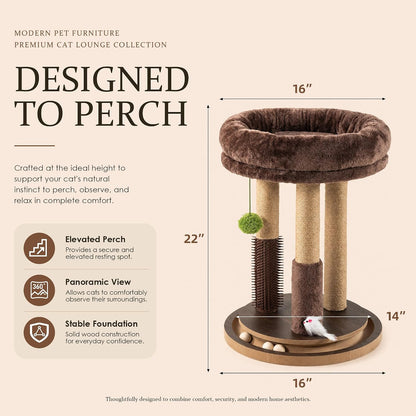 22" Cat Scratching Post with Tower Soft Bed, Heavy-Duty Wood Base