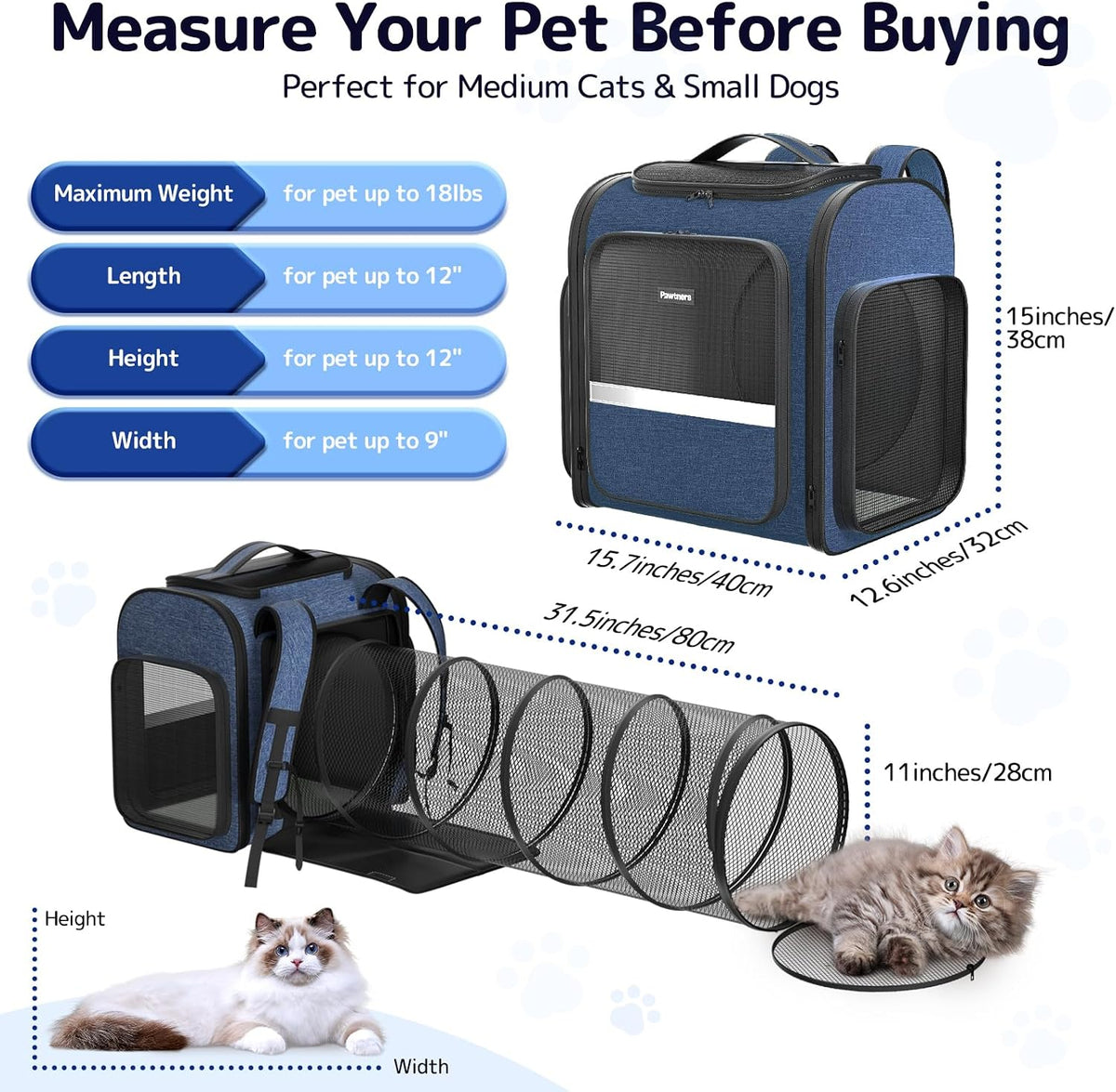 Cat Backpack with Play Tunnel, Design for Carrying Playing Blue