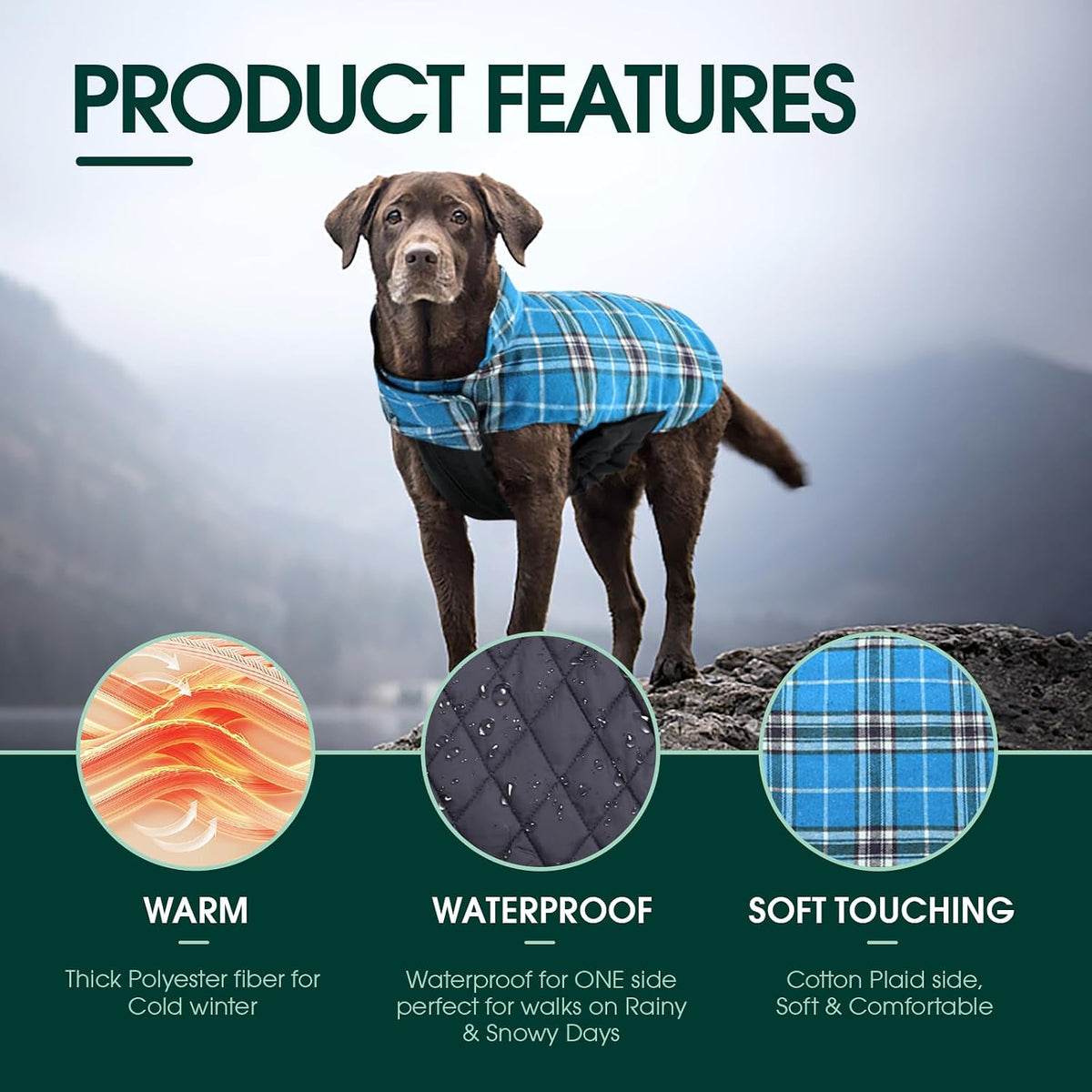 Waterproof Dog Coat, Warm Reversible Dog Jacket with Leash Hole