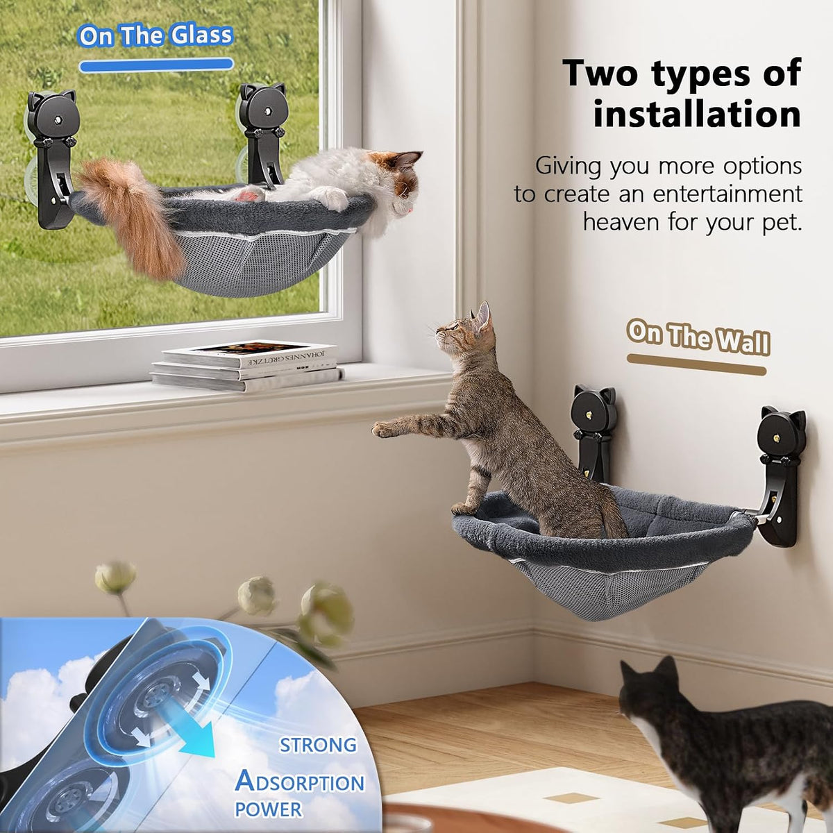 2 Pack Cat Window Perch Cordless, Kitty Hammock with Sunken Design Foldable & Stable Cat Beds- Breathable Window Hammock for Overlooking, Sunbathing and Climbing - Maximum Hold up to 40Lb