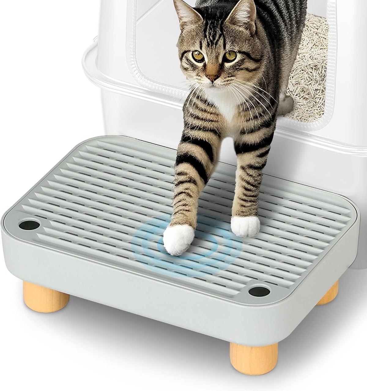 Litter Box Step, Litter Box Ramp/Catcher with Wooden Base, Anti-Tracking & Easy to Clean, Ideal for Small & Elderly Cats 11.8"X7.9"X3.6" (Gray)