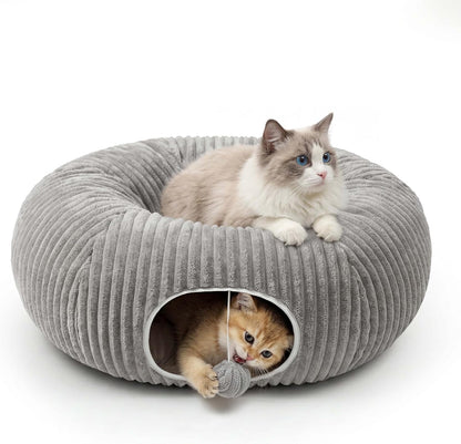 Cat Tunnel Bed for Indoor Cats, Peekaboo Cat Cave Bed, Grey
