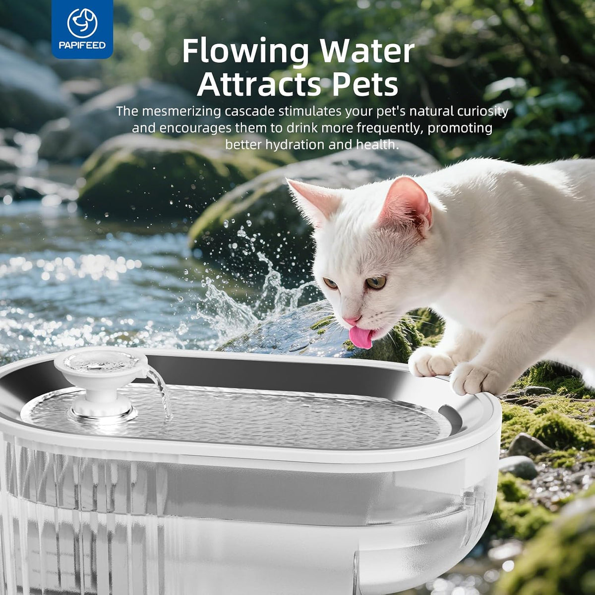 Cat Water Fountain Stainless Steel, 84Oz/2.5L Automatic Cat Water Fountain with Visible Water Level, Ultra Quiet Low Power Cat Water Bowl & Cat Water Dispenser (White)
