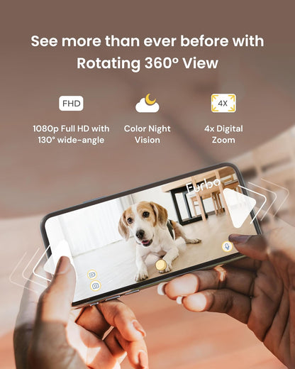 360° Dog Camera: Pet Security Cam W/Barking Alerts, Rotating View, Treat Toss W/
