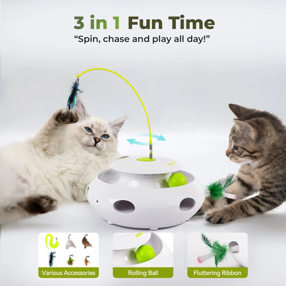 3-In-1 Interactive Flutter Bug Cat Toy with Poping Feather,Automatic Whack-A-Mole Kitty Toy, Spinning Kitty Teaser Toys