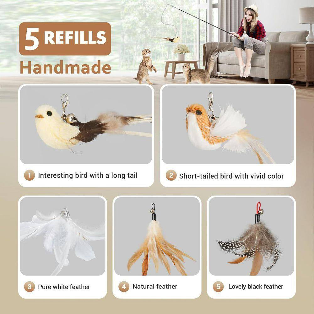 Interactive Cat Teaser Wand Toys 43In Sustainable Wooden Handles Bird and Feather Refills 5Pcs Exercises Andplays 2-Pack