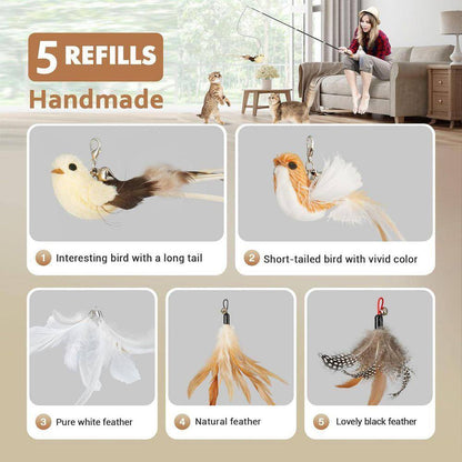 Interactive Cat Teaser Wand Toys 43In Sustainable Wooden Handles Bird and Feather Refills 5Pcs Exercises Andplays 2-Pack