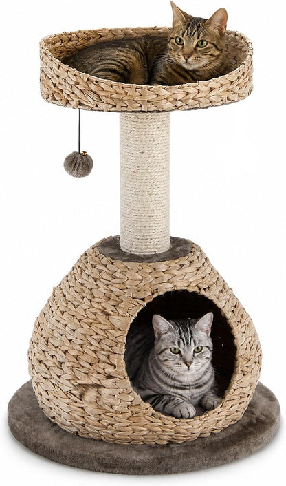 Modern Cat Tree Tower, Paper Rope Natural Bowl Shaped with Perch, Scratching Post, Rattan Cat Activity Tree for Kittens, 28" Tall