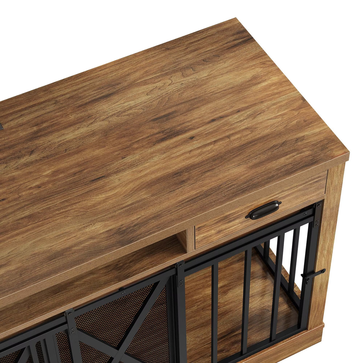 63-Inch Dog Crate Furniture,Tv Stand with Charging Station,Dog Kennel with Double Sliding Barn Door - Oak