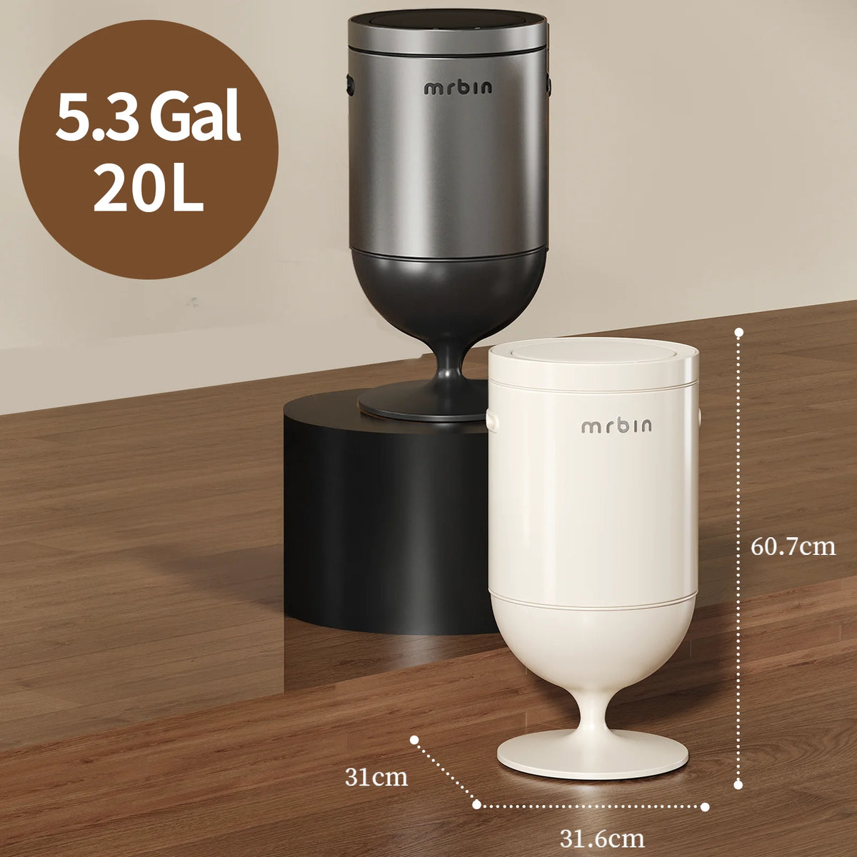 Metal Bathroom Motion Sensor Trash Can with Lid, 5.3 Gallon Wine Glass Shaped Automatic Waste Basket Touchless, Smart round Tall Garbage with High Leg for Office, Bedroom, Kitchen, Cream White