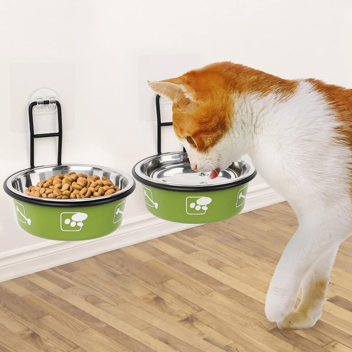 Elevated Pet Bowls, Wall Mounted Cat Food Dish, Raised Cat Food and Water Bowls, Stainless Steel Elevated Pet Bowls with Stand, Nonslip No Spill Pet Feeding Bowls (2 Packs) (Green)