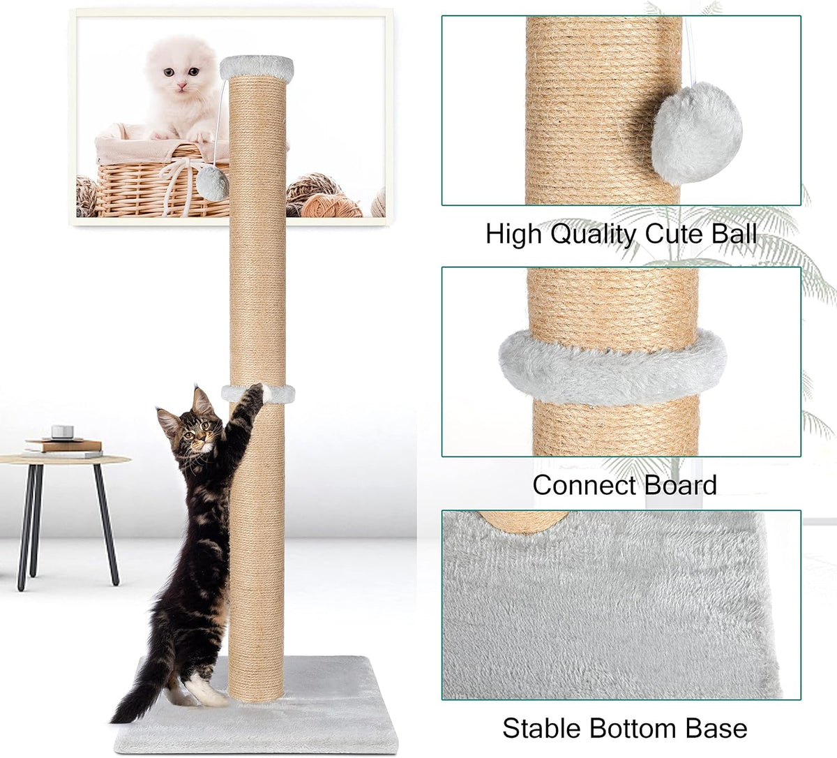 37'' Cat Scratching Post, Natural Sisal Rope Scratcher with Dangling Teaser Ball and Covered with Soft Plush for Kittens and Adult Cats, Sand Color
