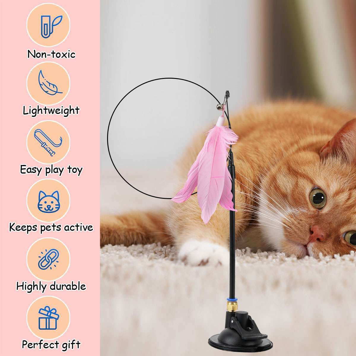 Bendable Teaser Wand Toy with Suction Cup Base Feather Bells Cat Interactive Pet