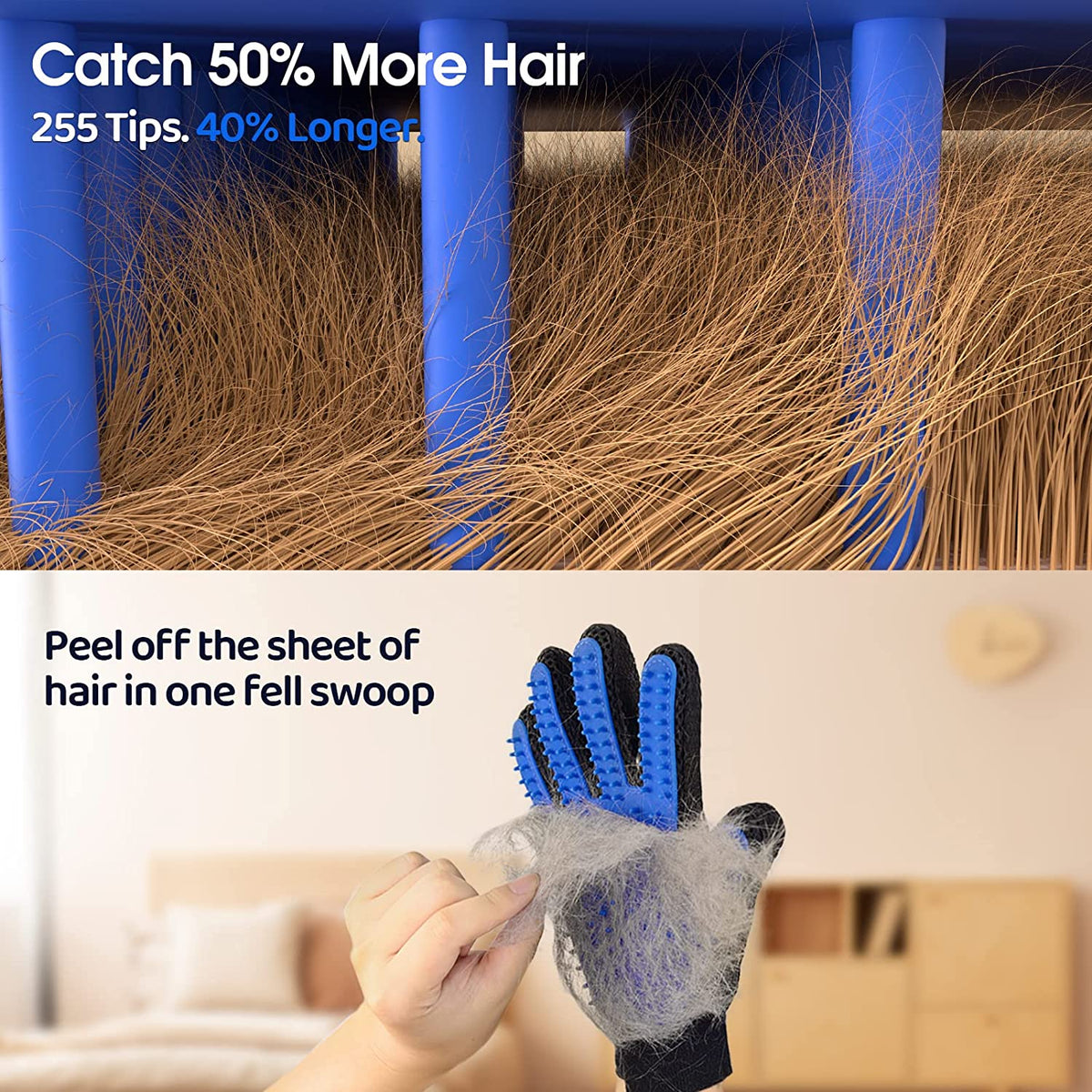 Pet Hair Removal Glove with 255 Silicone Tips for Dogs & Cats, 1 Pair Blue | 2-In-1 Deshedding & Massage Mitt, 5-Finger Flexible Design, for Bathing & Grooming, Safe for Long/Short/Curly Hair Pets