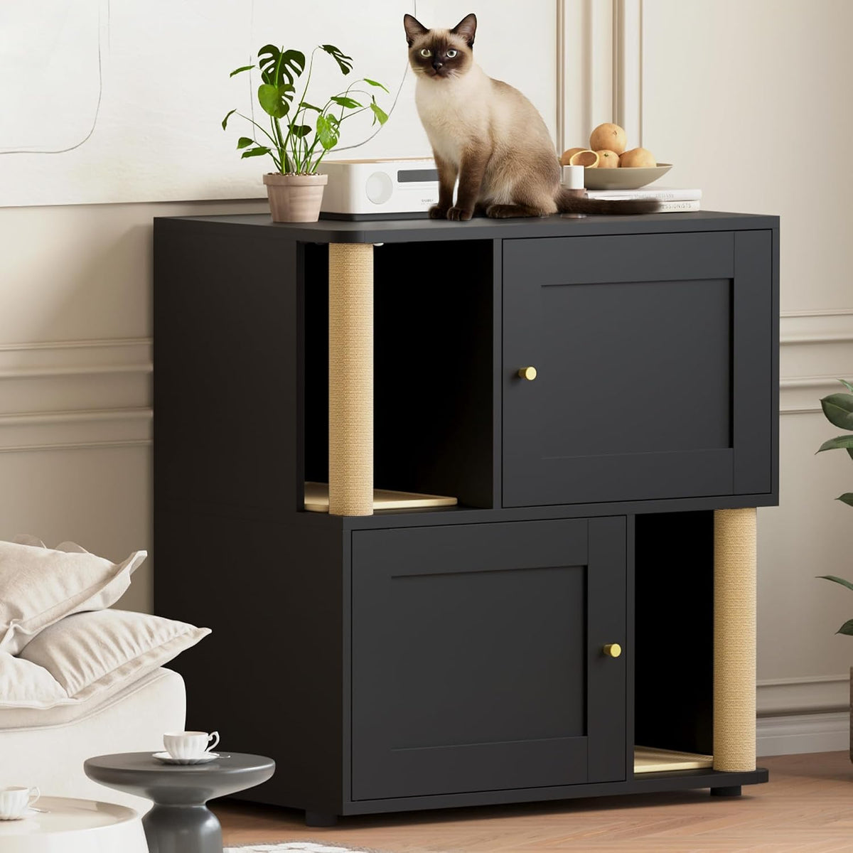 Double Cat Litter Box Enclosure, Litter Box Cabinet for 2 Cats, Hidden Cat Litter Box Furniture, Dog-Proof Litter Box Enclosure with Cats Scratching Post, Suitable for Most Litter Boxes