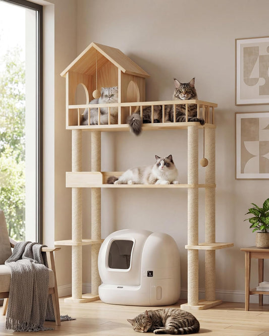 Wood Cat Tower for Automatic Litter Box, 4 Tier Cat Tree, 60 Inch