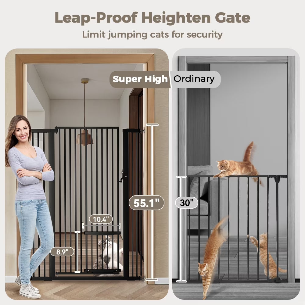 Pet Gate, 55.1 Inch Extra Tall Dog Gate,29.5''-40.6''Wide with Cat Door,Pet Gate for Doorway Stairs,Black