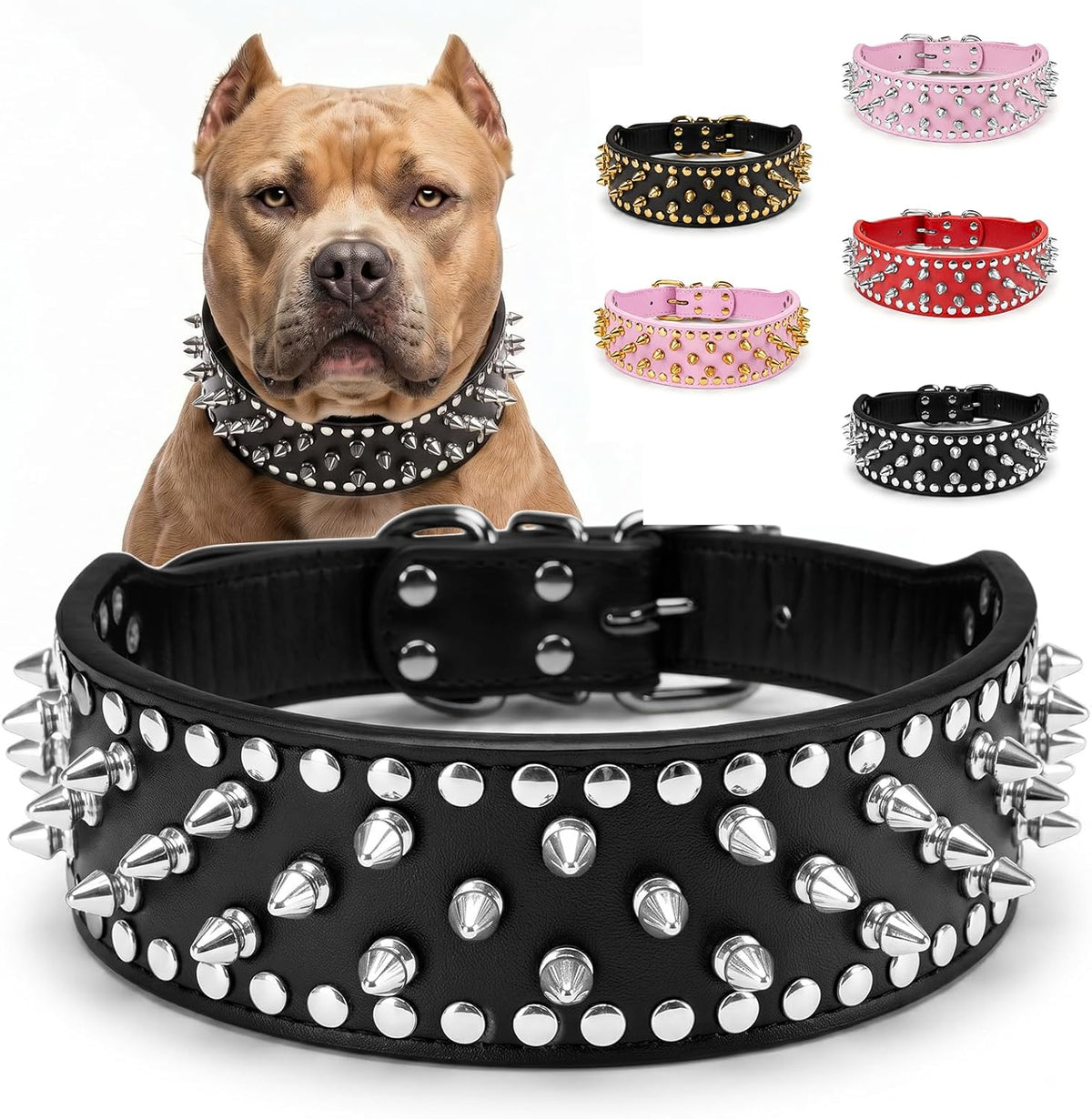 Anti-Bite Wide Spiked Studded Dog Collar, M (18.5” - 21.65”)