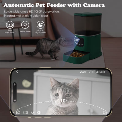 Automatic Pet Feeder with Camera, 2.4G Wifi APP Control, Timed Feeding, 6L Capacity for Cats and Dogs, Green