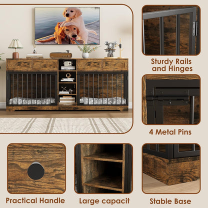 82" Large Double Dog Crate Furniture with Drawers and Shelves, Brown