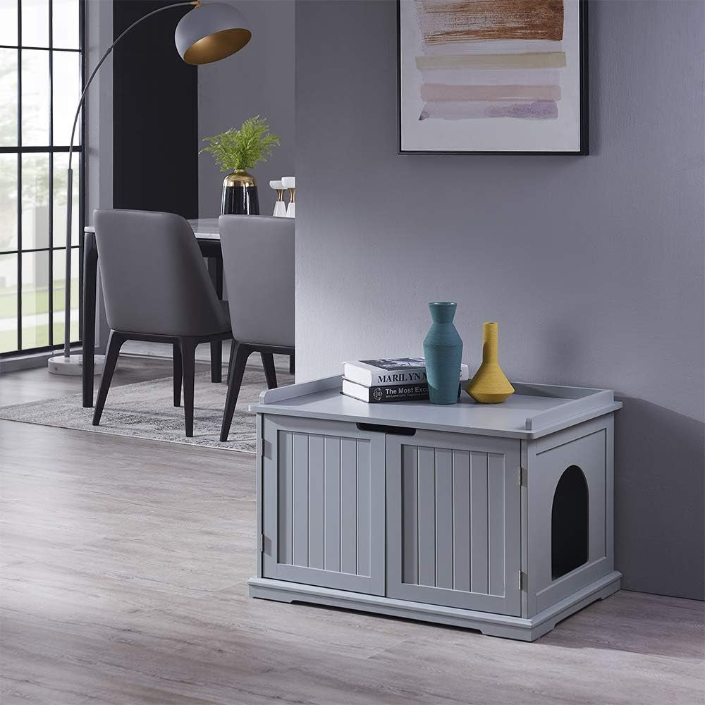 Indoor Cat House,Cat Washroom Bench,Nightstand, Litter Box Enclosure Side Table, Wooden Cat Bathroom Crate - Grey