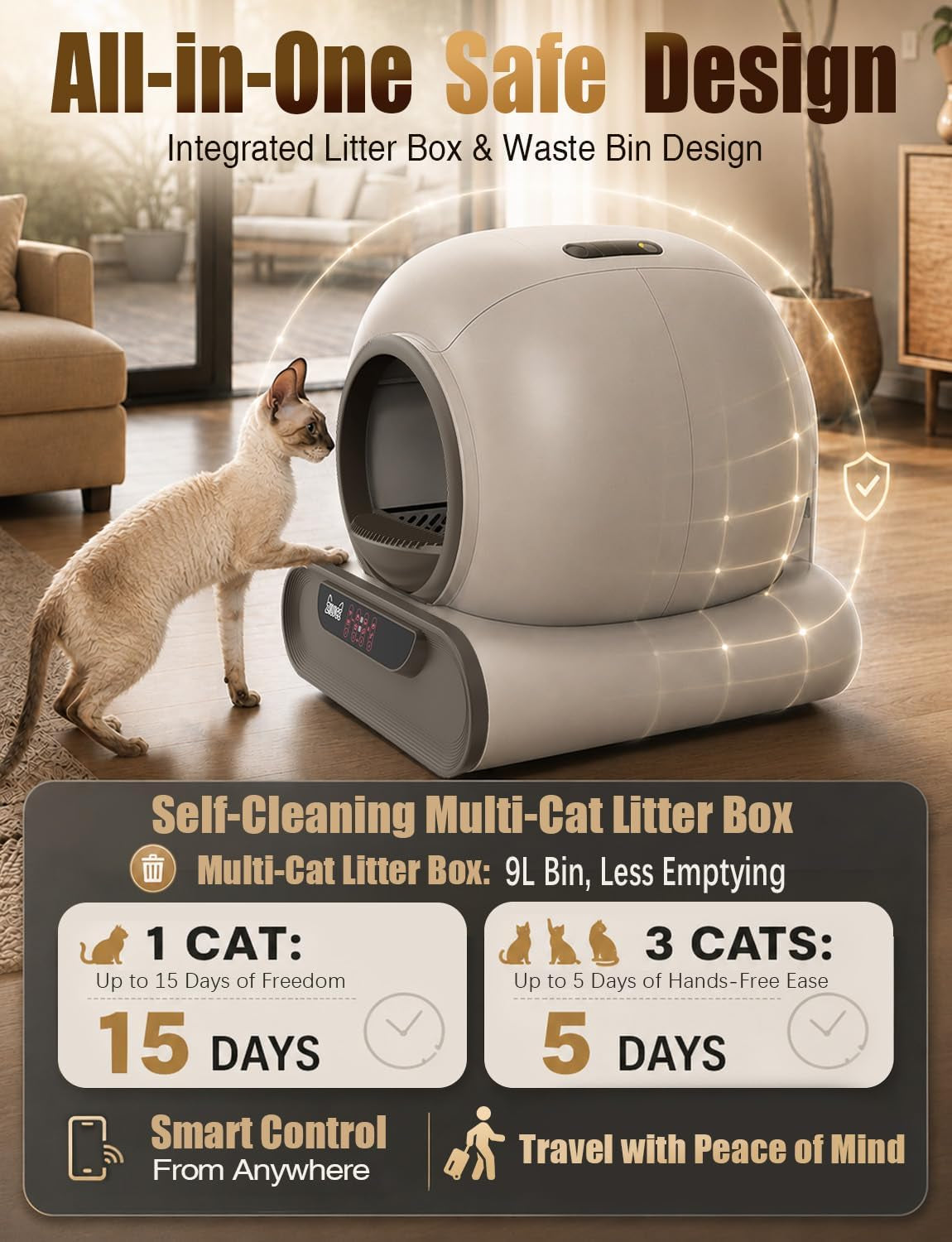 70L Anti-Pinch Feature Automatic Cat Litter Box, Self Cleaning Litter Box
