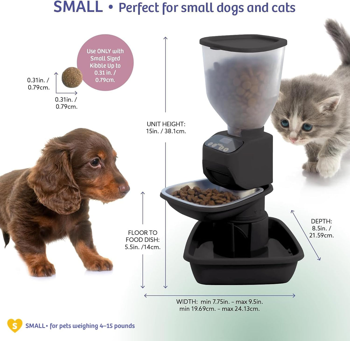 ® Automatic Dog & Cat Food Feeder with Water Dispenser, Smart Portion Control, OLED Display, Anti-Jam Design, Battery Operated, XS 4–15 Lbs Pets, Black