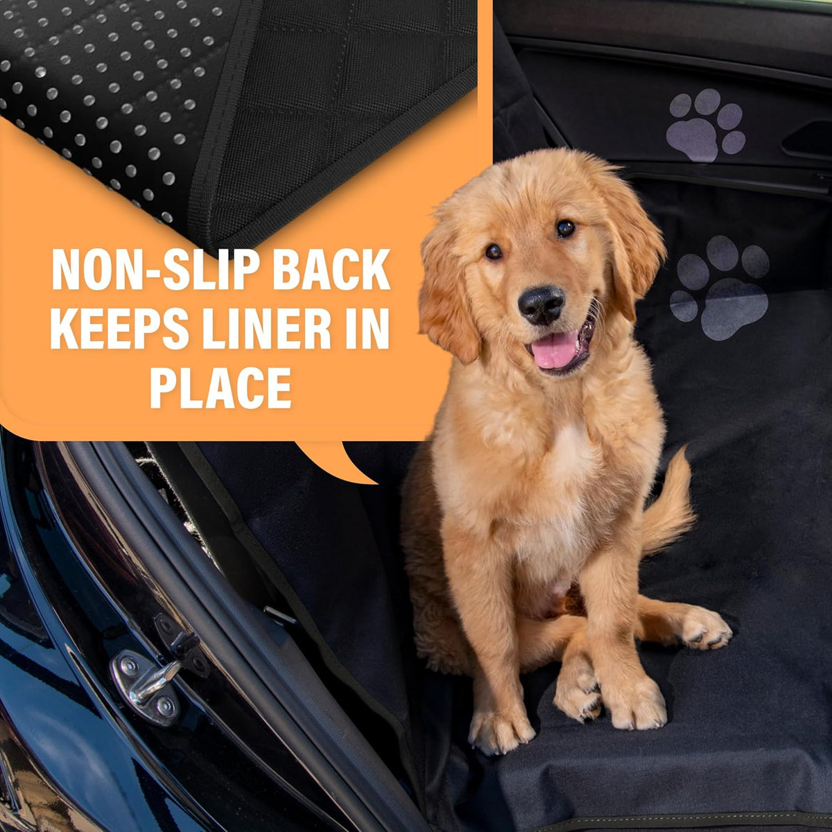 Waterproof Hammock Standard Car Seat Cover, Fits Sedans Hatchbacks Crossovers Coupes Compact Vehicles, Secure Convertible Travel Bed Protects Backseat Cargo from Dogs, Black W/Orange Trim