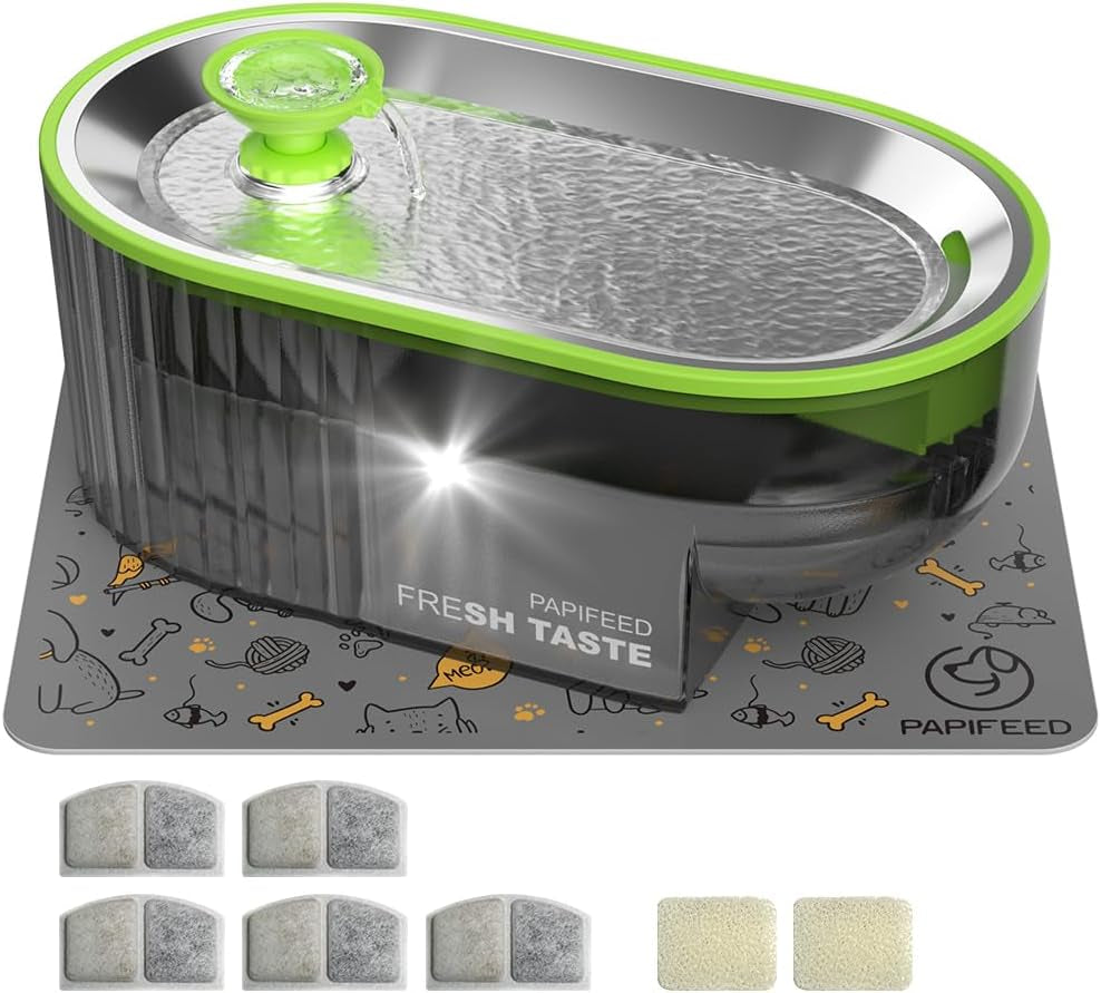 Cat Water Fountain Stainless Steel with a Silicone Mat, 84Oz/2.5L Automatic Pet Water Fountain with LED Water Level Window, Quiet Low Power Cat Water Bowl & Cat Water Dispenser (Green)