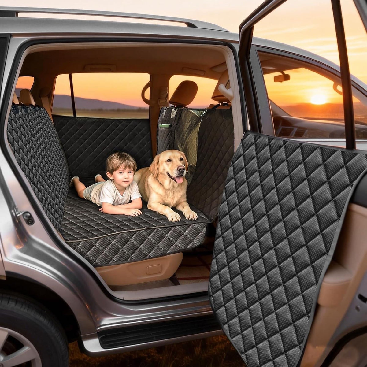 Back Seat Extender for Dogs, 68" X 52" Hard Bottom Waterproof Cover, Black