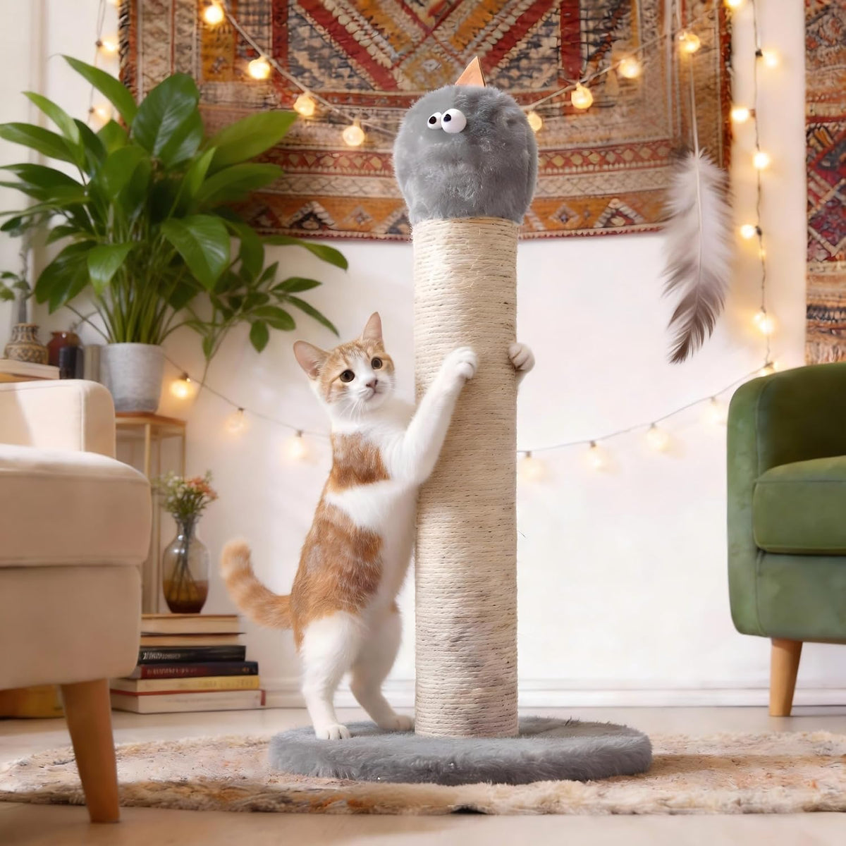 Cat Scratching Post 22'', Scratching Post with Extra Wide 12" Heavy Duty Base for Indoor Kitty, Scratching Post with Natural Sisal & Velvet Fabric for Small, Medium Cat, Grey