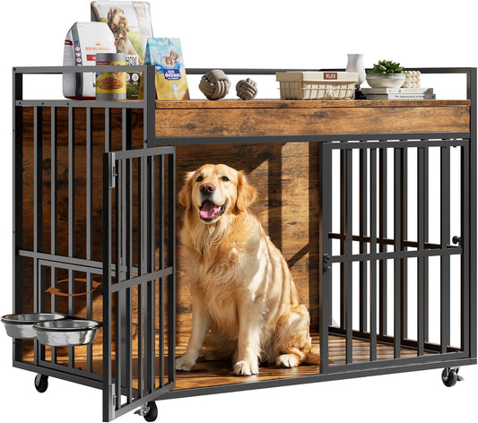 Heavy Duty Large Dog Crate Furniture with 360° Rotatable Bowls & Wheels