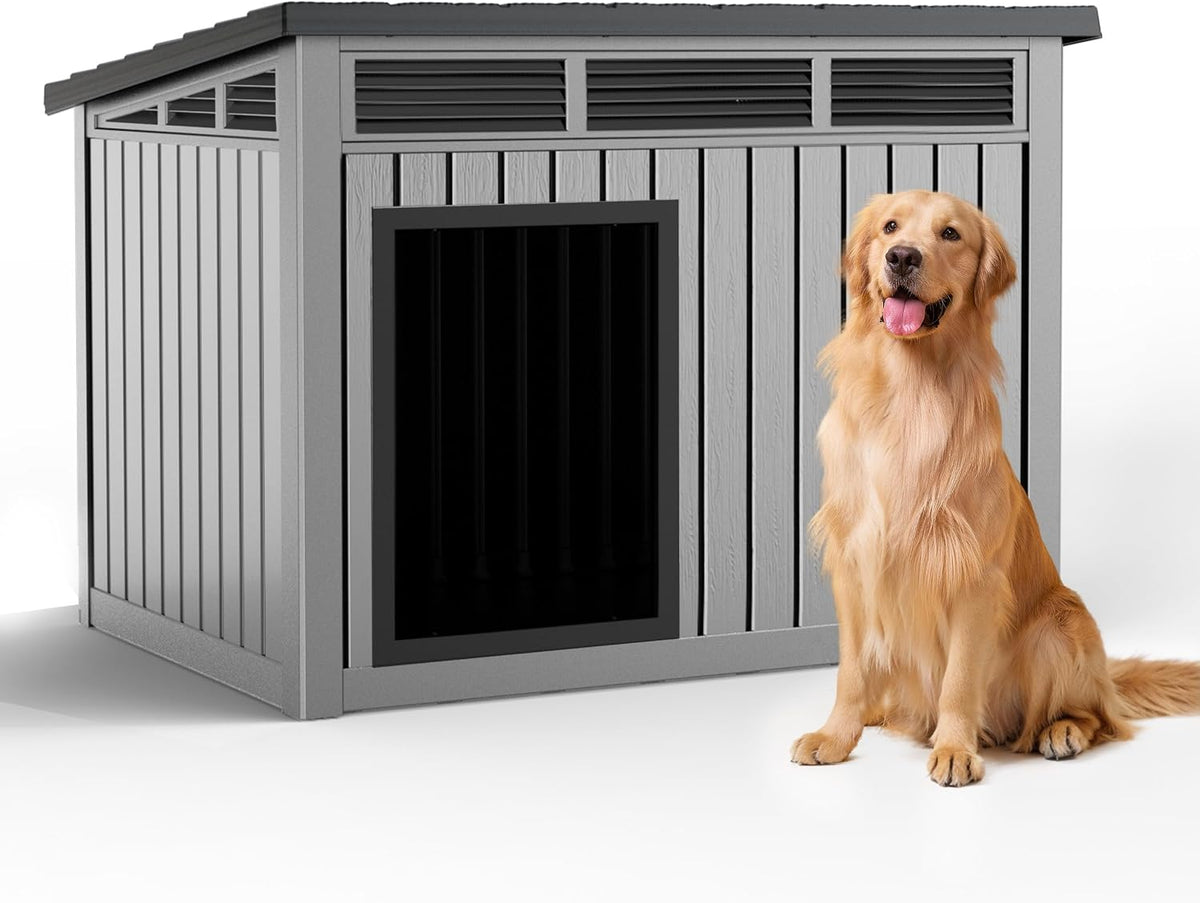 Dog House, Weatherproof Resin Outdoor Dog House for Large Dogs, Sloped Openable Roof, Air-Rod Support & Fixed Louvered Structure, Spacious Interior Easy Assembly Pet Shelter Indoor Outdoor（Grey）