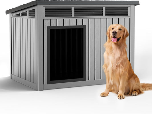 Dog House, Weatherproof Resin Outdoor Dog House for Large Dogs, Sloped Openable Roof, Air-Rod Support & Fixed Louvered Structure, Spacious Interior Easy Assembly Pet Shelter Indoor Outdoor（Grey）