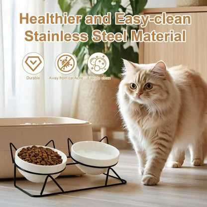 Elevated Tilted Cat Bowls for Indoor Cats，Raised Ceramic Cat Bowl Elevated 15°,Pet Feeding Bowls for Food and Water anti Vomiting Bowl(Double Ceramics and Tilt Shelf) Suitable