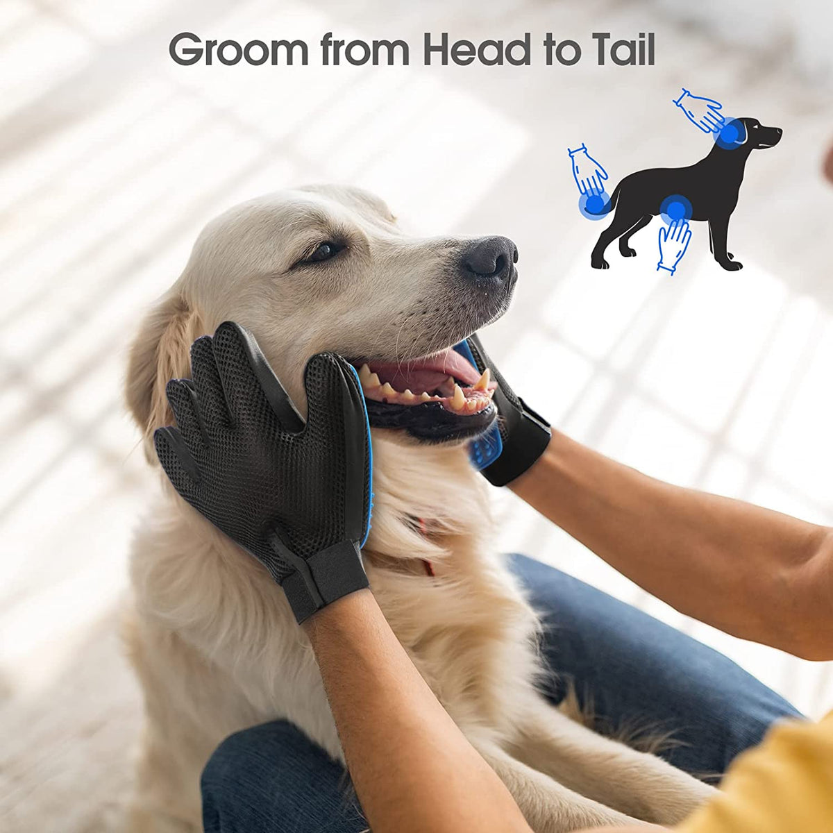 Pet Hair Removal Glove with 255 Silicone Tips for Dogs & Cats, 1 Pair Blue | 2-In-1 Deshedding & Massage Mitt, 5-Finger Flexible Design, for Bathing & Grooming, Safe for Long/Short/Curly Hair Pets