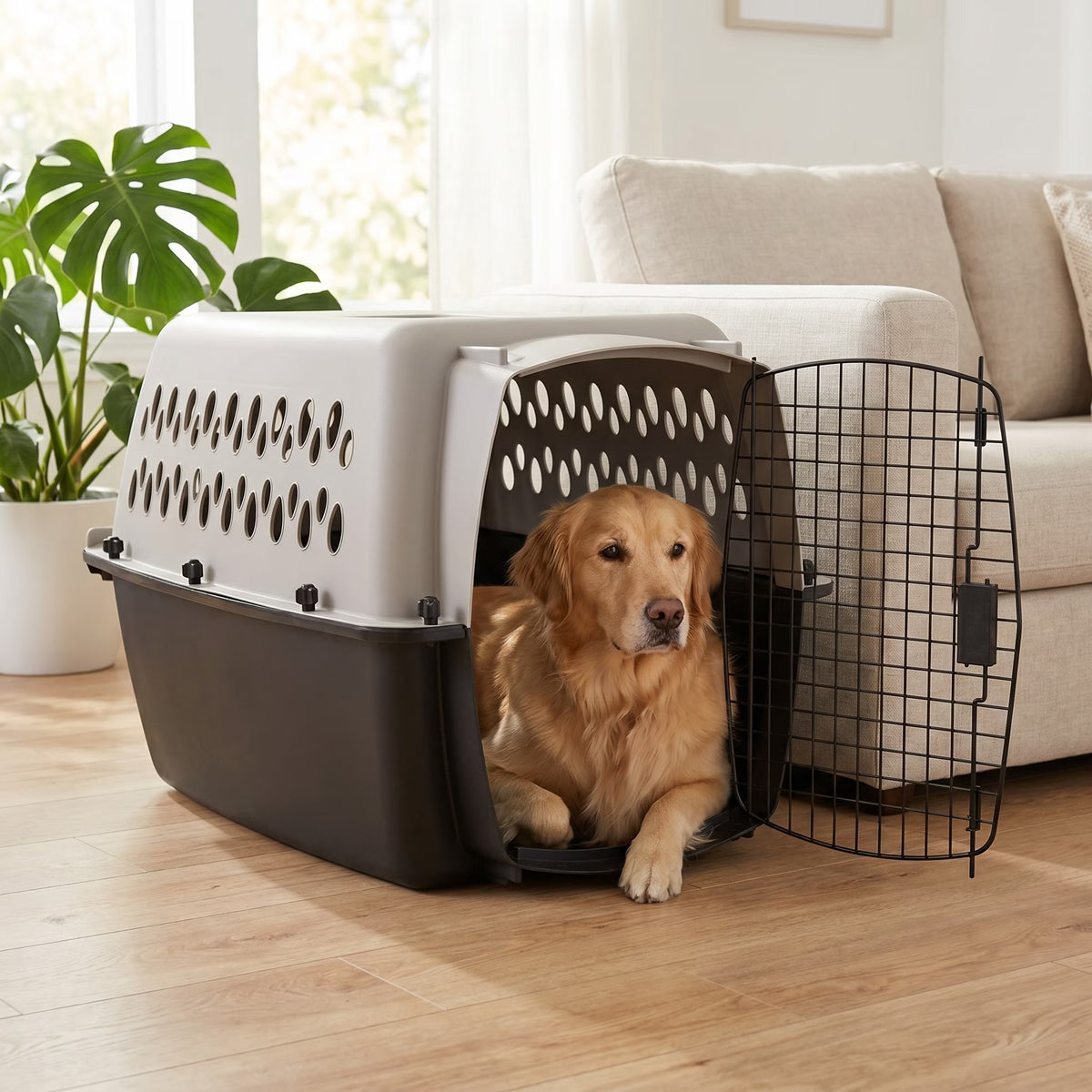 Large Plastic Hard-Sided Pet Carrier, Black and Gray, 90 Lb Limit