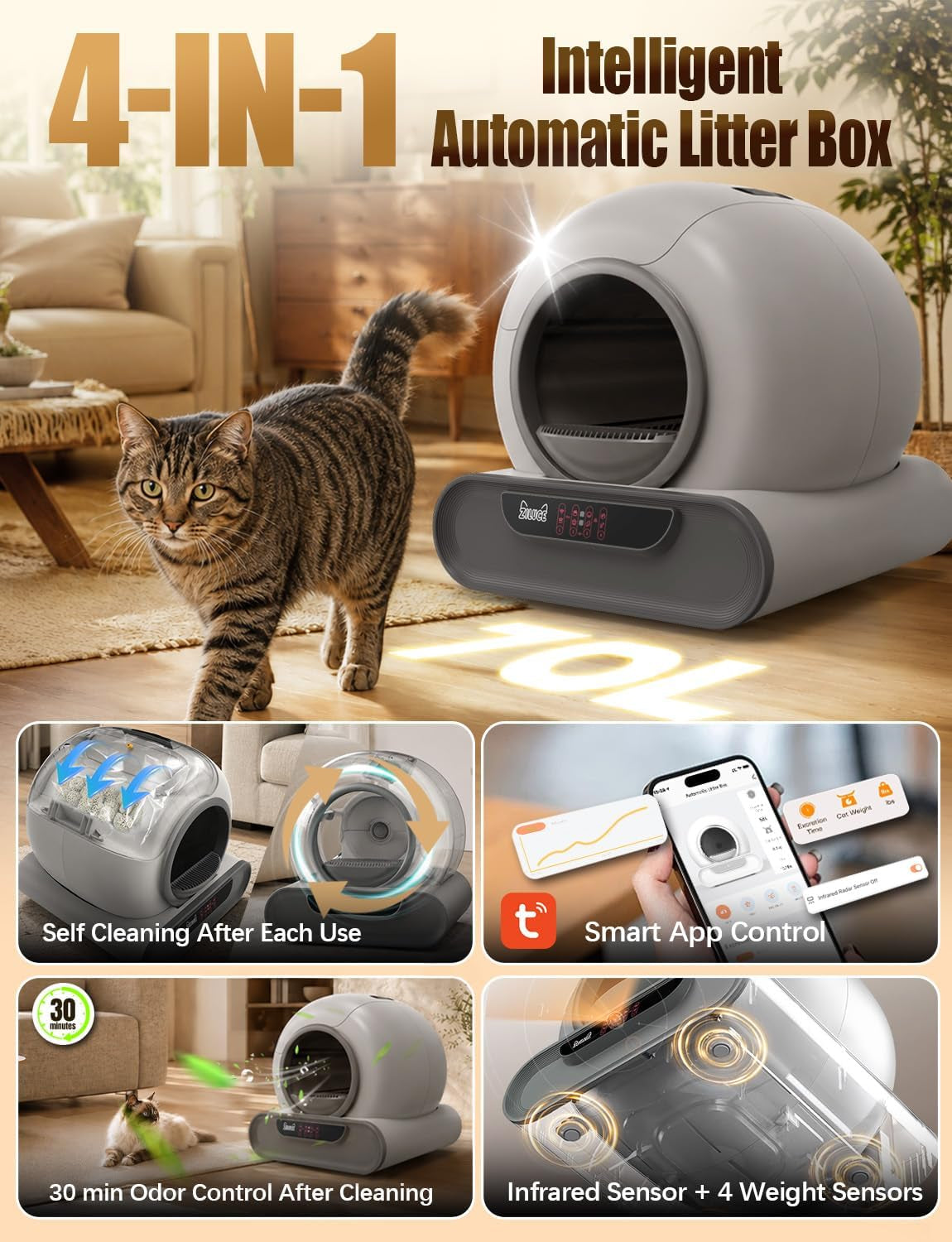 70L Anti-Pinch Feature Automatic Cat Litter Box, Self Cleaning Litter Box