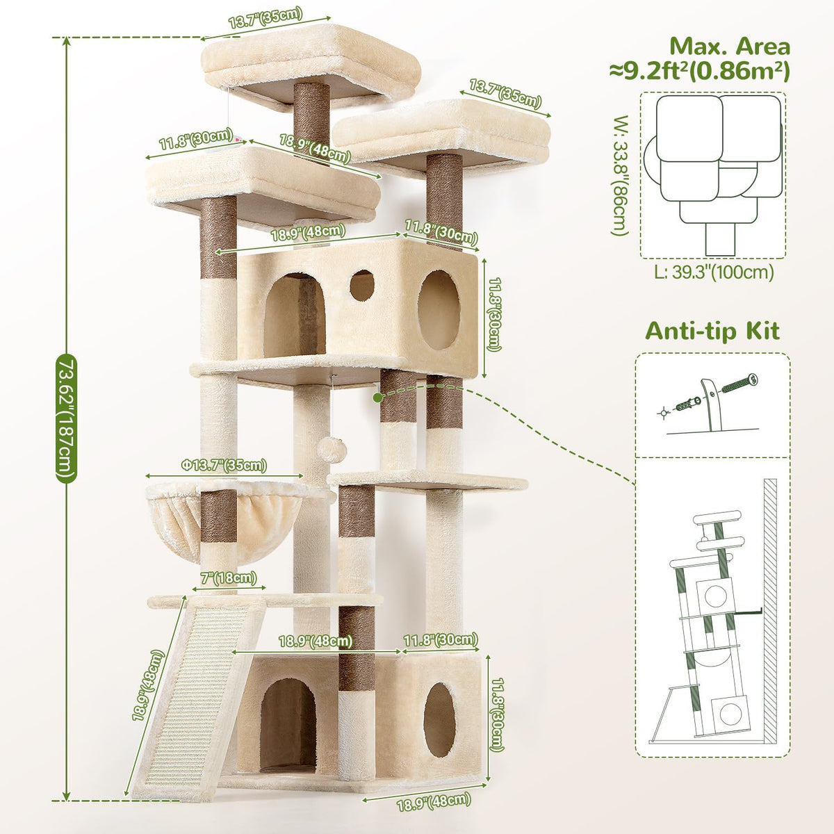 Heavy Duty Cat Tree, 73In Tall Cat Tower, F73C, Beige