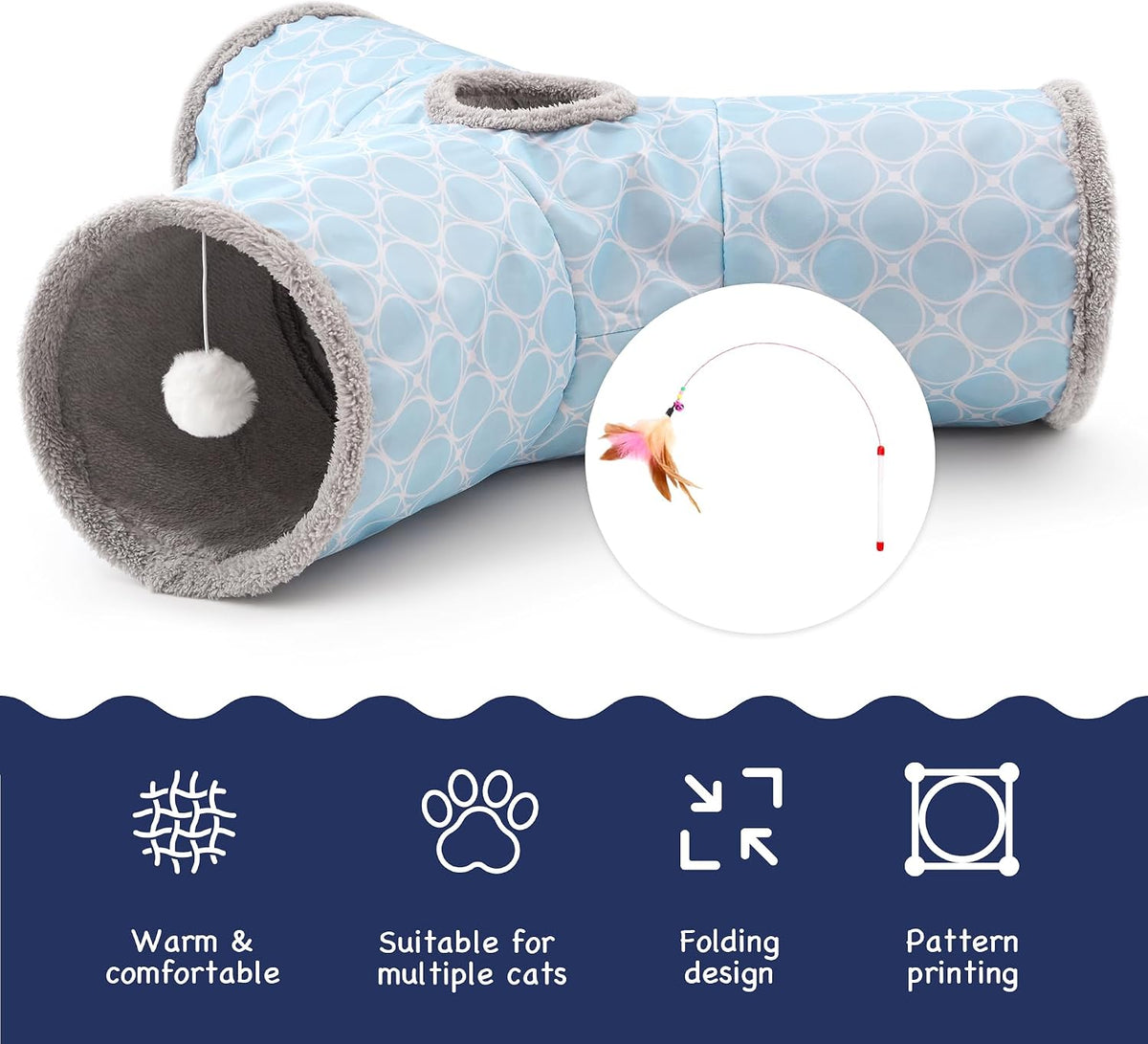 Cat Tunnel, 3-Way Collapsible Toy for Indoor Cats, Geometry Blue