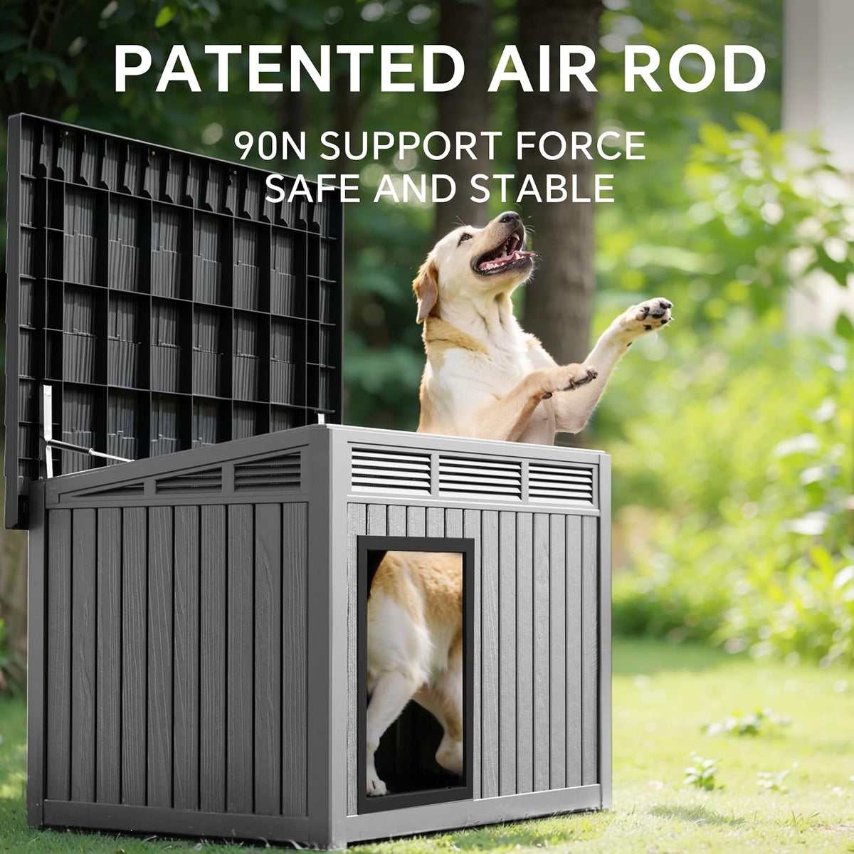 Dog House, Weatherproof Resin Outdoor Dog House for Large Dogs, Sloped Openable Roof, Air-Rod Support & Fixed Louvered Structure, Spacious Interior Easy Assembly Pet Shelter Indoor Outdoor（Grey）